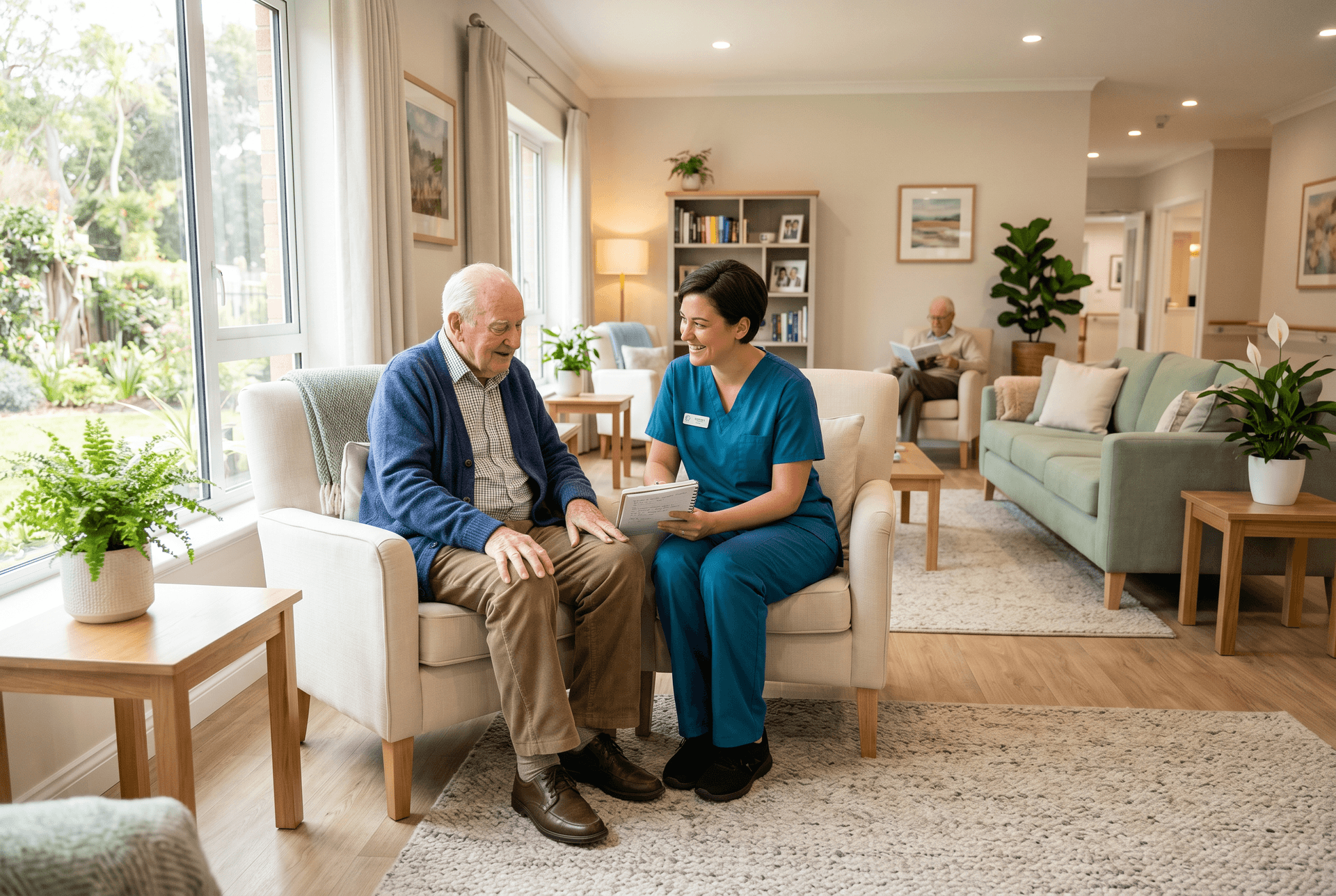 Caregiver sitting with an elderly resident in the common room of a warm adult care home