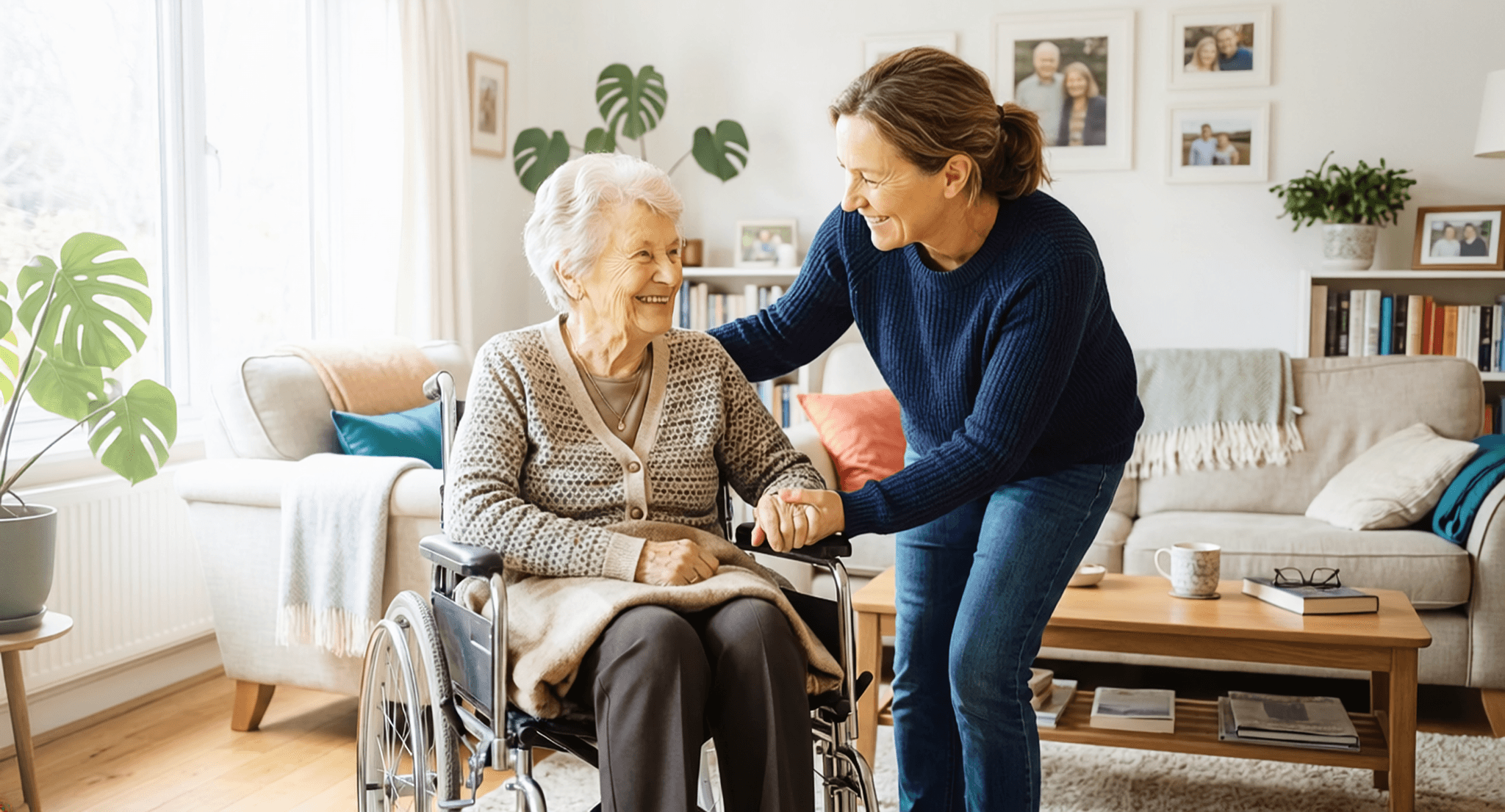 Caregiver smiling with elderly woman in wheelchair in a warm home living room