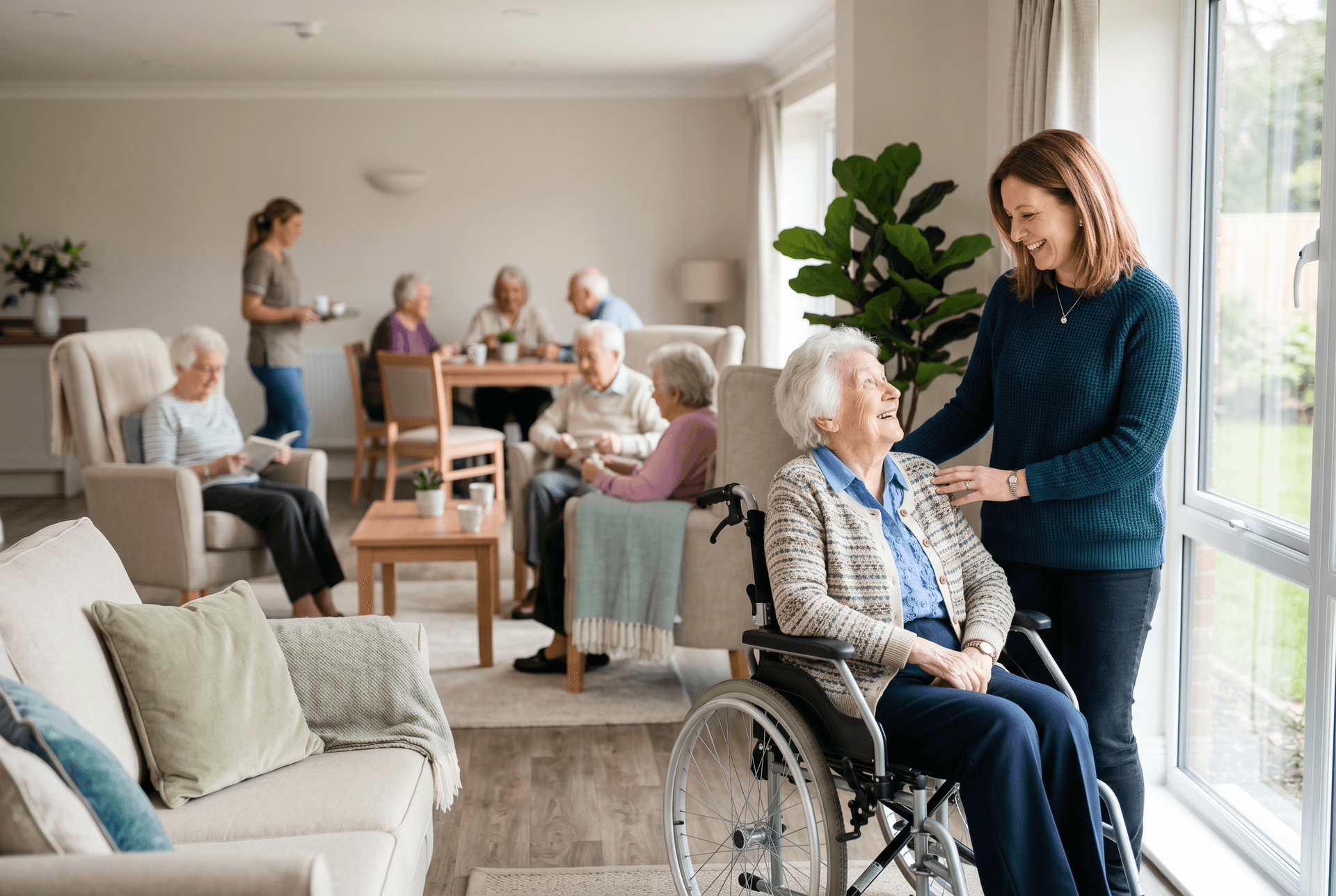 Daughter with elderly mother in wheelchair in a warm adult care home common room with other residents