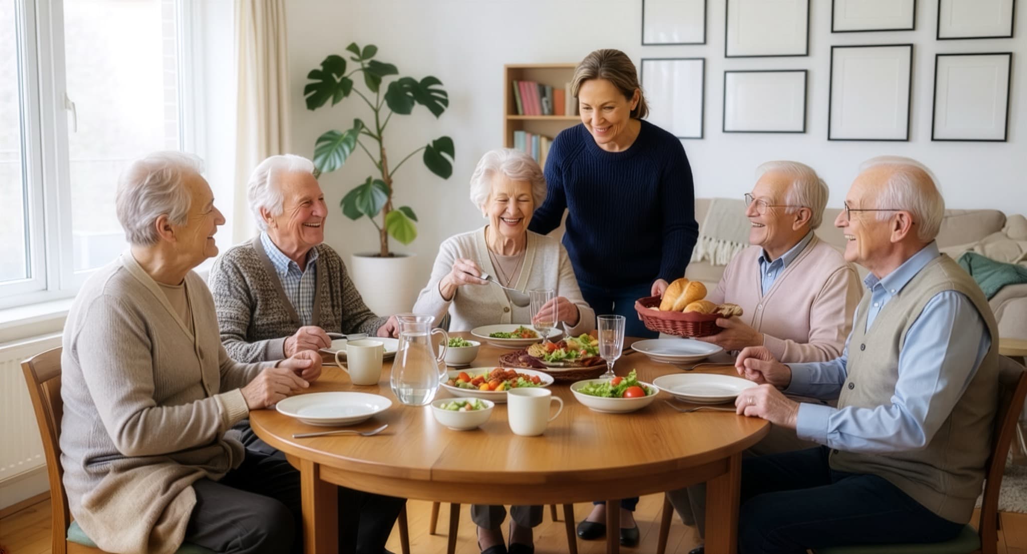 Caregiver sharing a meal with 6 elderly residents around a dining table in a warm care home