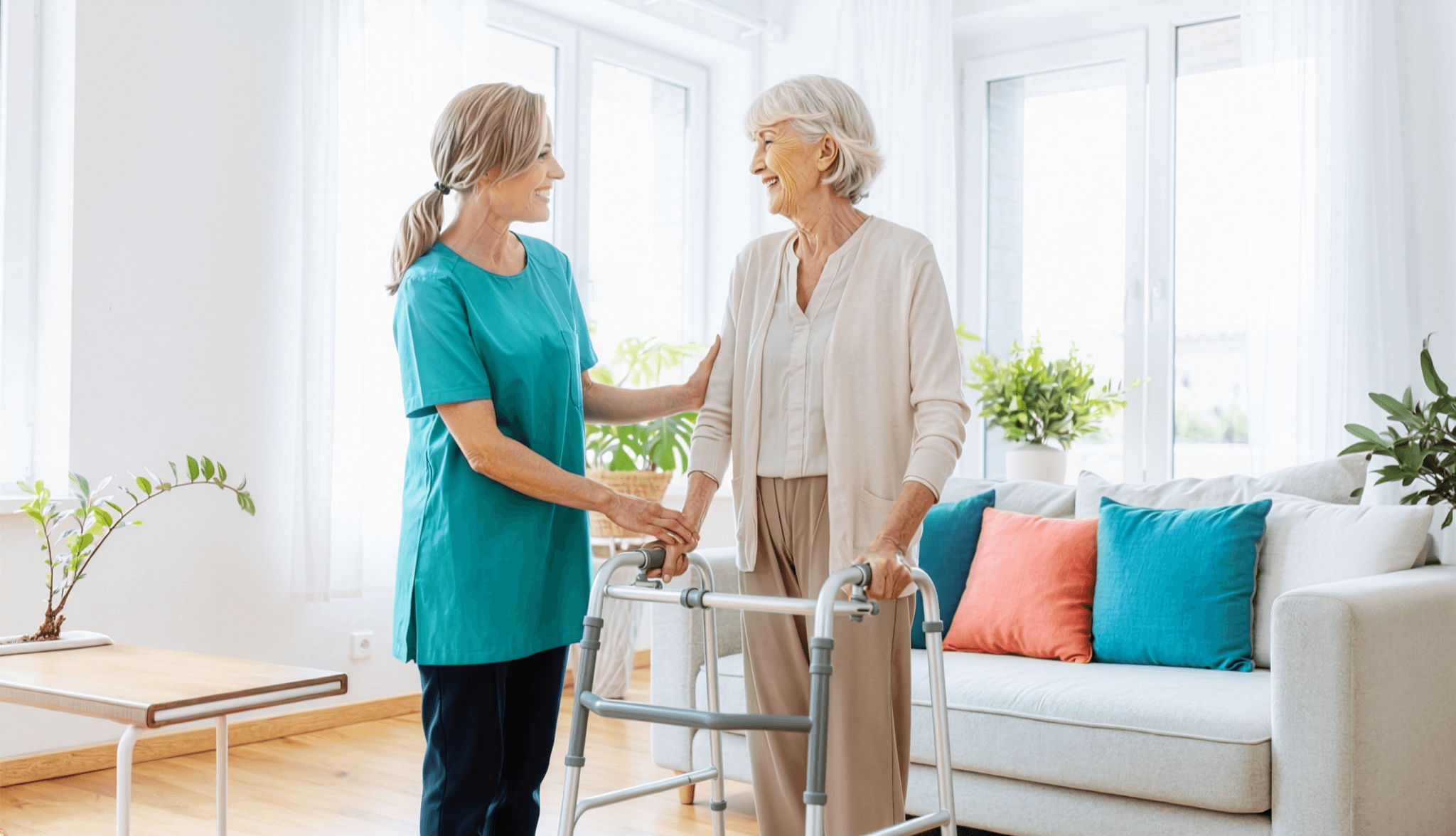 Caregiver in teal scrubs helping elderly woman with a walker in a bright home